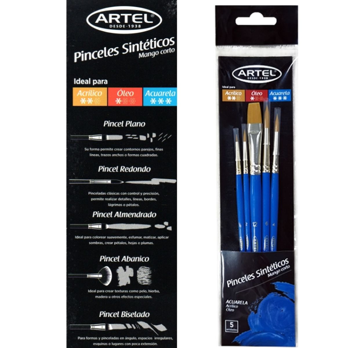 ARTEL - Set 5 Pinceles sintéticos mango Corto