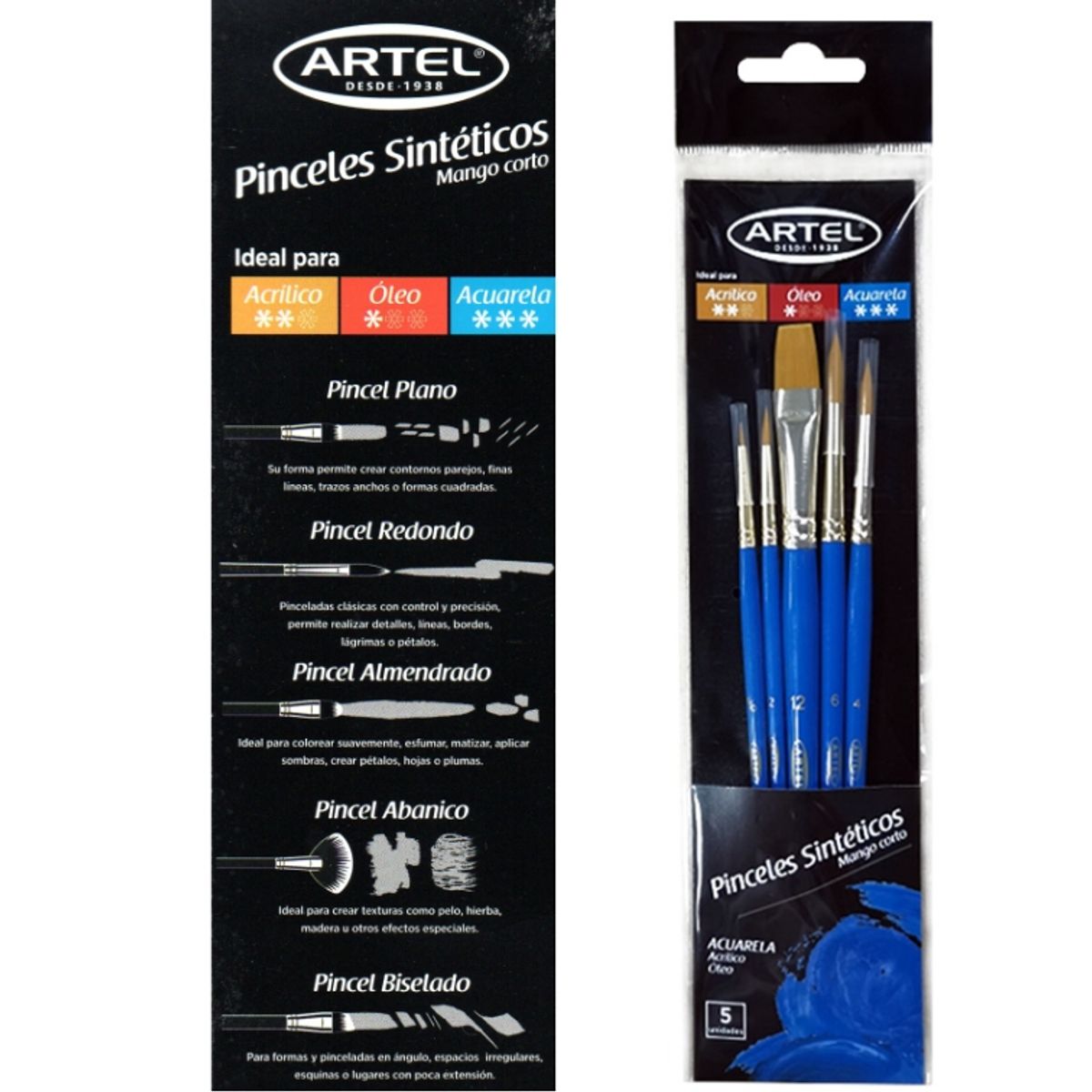 ARTEL - Set 5 Pinceles sintéticos mango Corto