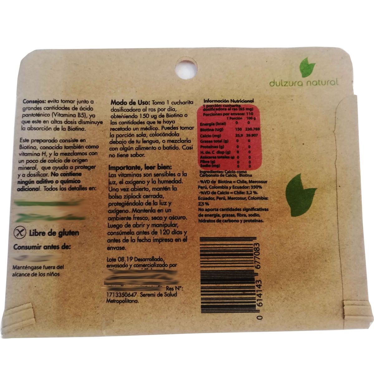 DULZURA NATURAL - 3 PACK BIOTINA PURA EN POLVO 150 ug - 3 MESES DE USO