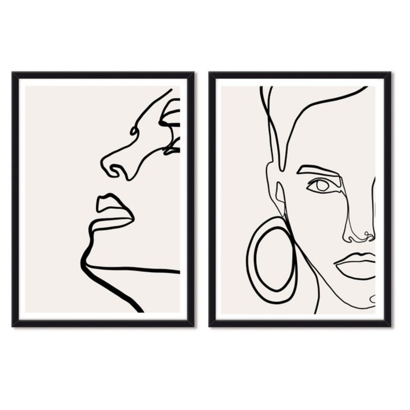 ALCUADRADO - Cuadros Set Dobles Mujer Minimal Rostro Negro Alcuadrado