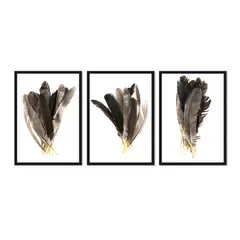 ALCUADRADO - Cuadros Set Triple Abstracto Plumas Beige Negro