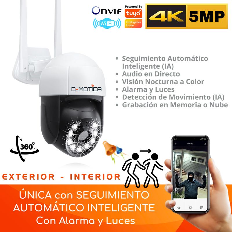 D MOTICA - Cámara Seguridad Wifi Inteligente 5MP 4K Motorizada Exterior
