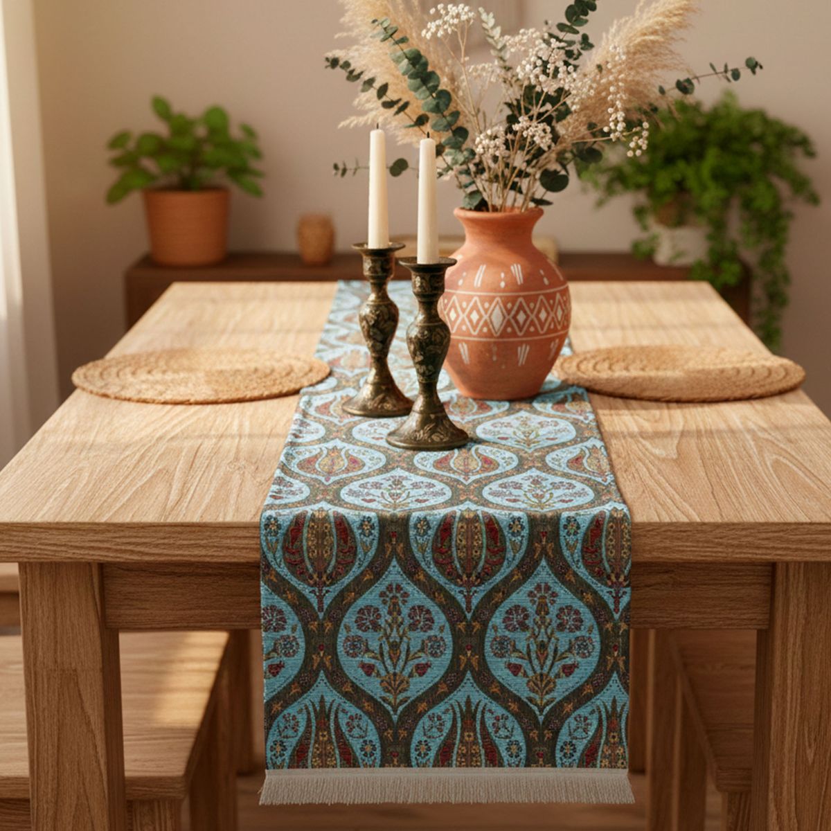 TURKUAZ - Camino de mesa 1,40 m tulipanes celeste -Mantel turquía Boho