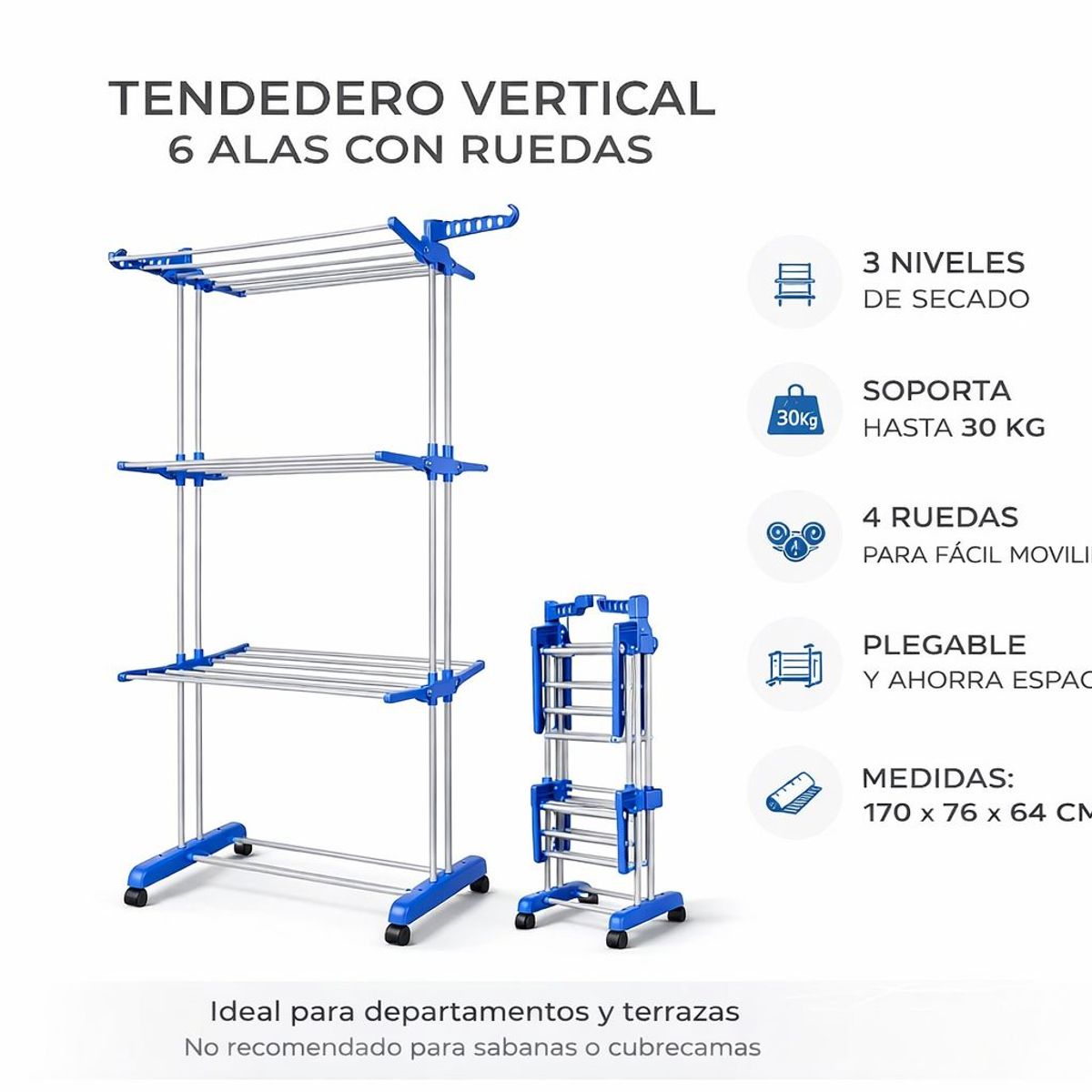 GENERICO - Tendedero Plegable 3 Niveles 6 Alas con Ruedas Colgador Armable Resistente 30k Interior y Terraza