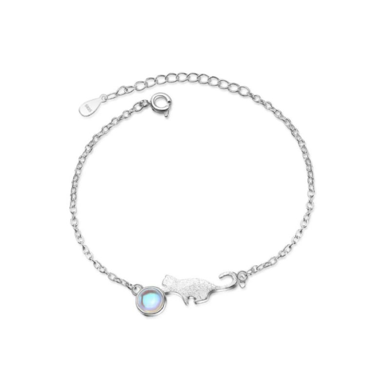 SILVER HEART - Pulsera Dije Gato y Piedra Lunar en Plata Fina 925 SILVER HEART