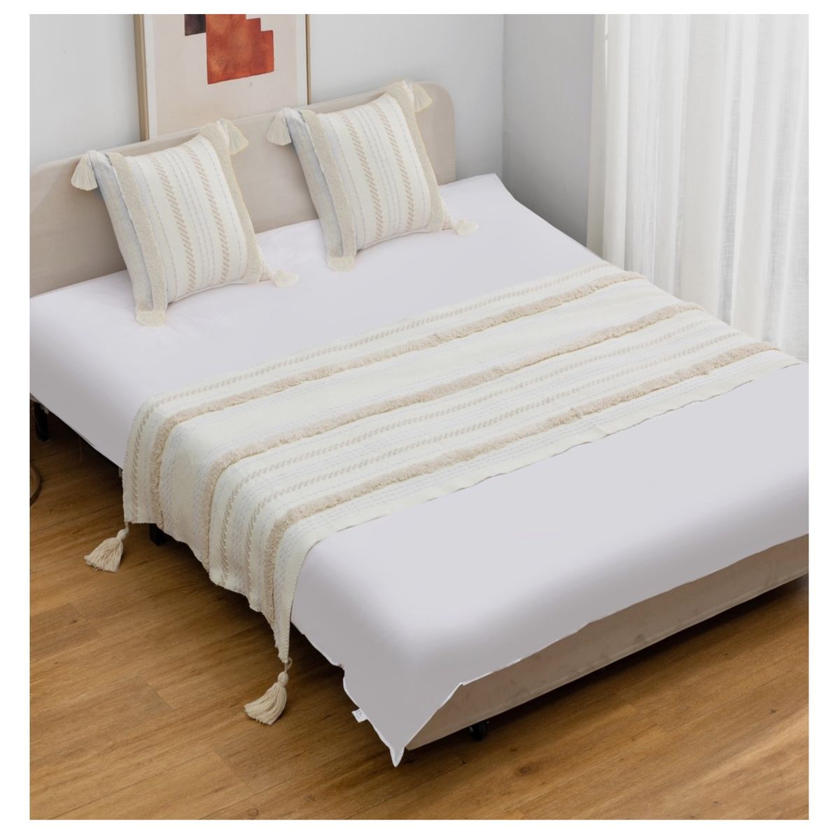 COMPRAPO - Set Piecera + 2 Fundas Macramé Boho Crudo 210x70 King o 2 Plazas