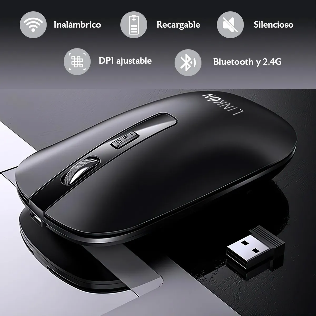 LINKON - Mouse Inalambrico Dual Bluetooth Usb Recargable Para Mac Win - Negro