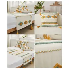 GENERICO - Set Piecera Boho Lino Borlas 210x60 y 2 Fundas Colores 45x45