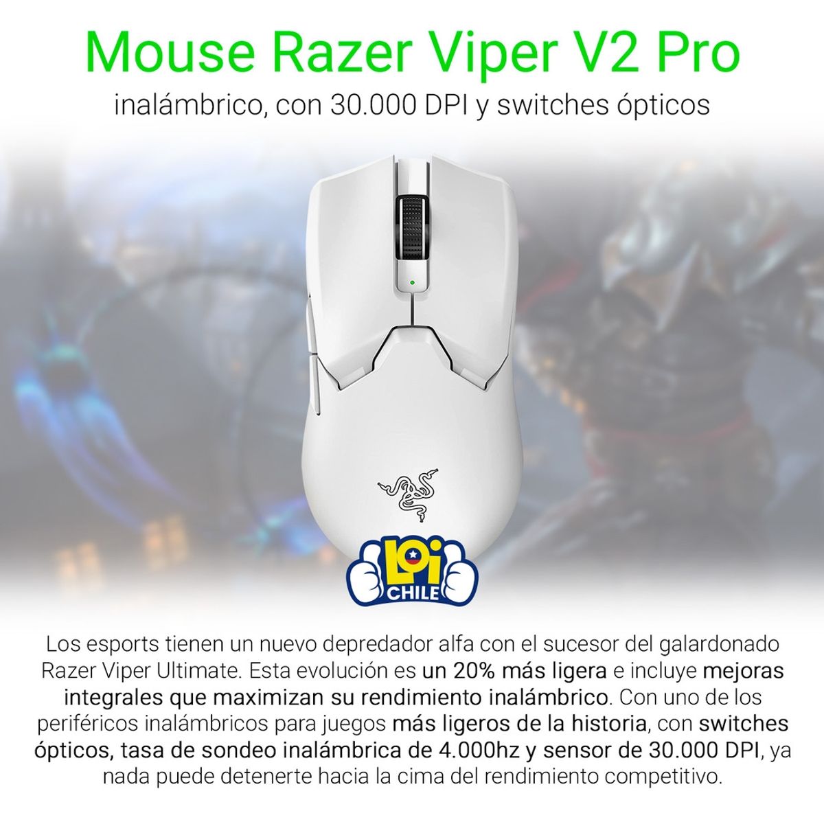RAZER - Mouse Gamer Razer Viper V2 Pro Inalámbrico Recargable Blanco RAZER