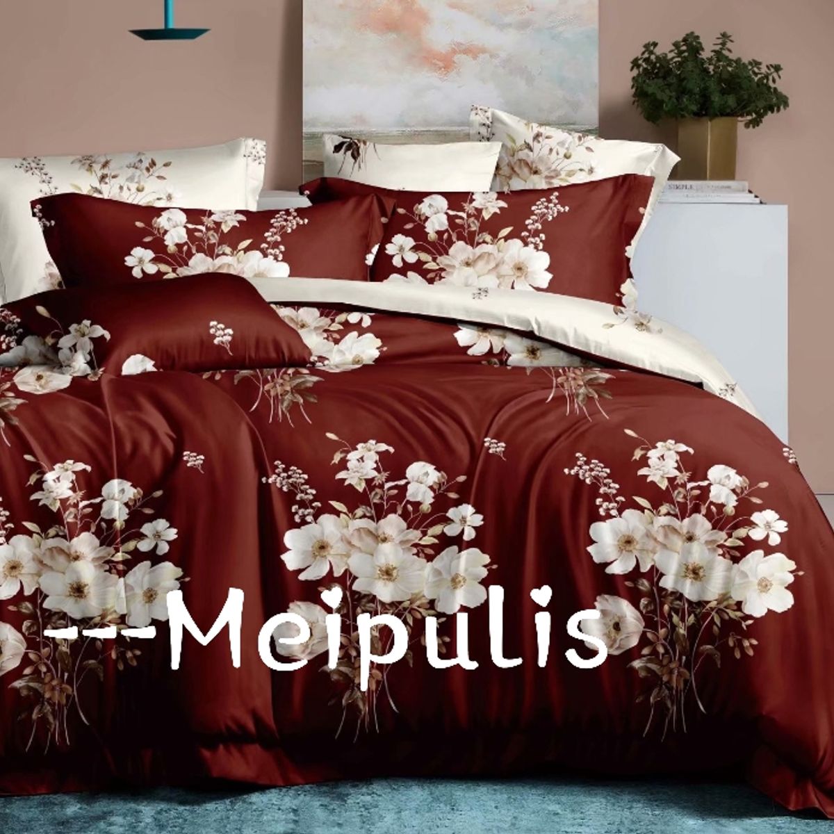 GENERICO - Juego de Sabanas 2 plazas + Fundas para almohada - Flores Burdeo