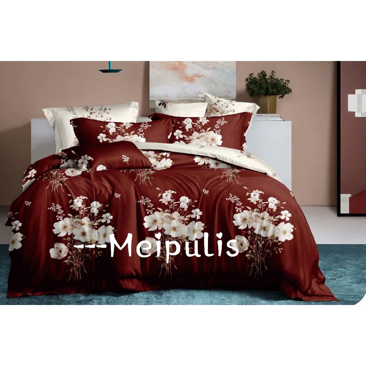 GENERICO - Juego de Sabanas 2 plazas + Fundas para almohada - Flores Burdeo