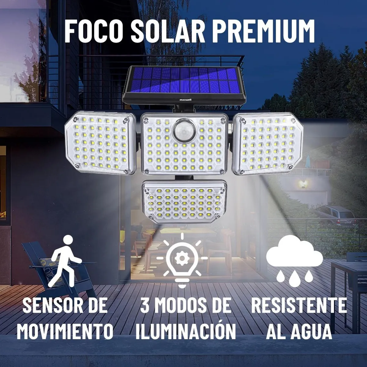 MAXWELL - Foco Led Solar Exterior Maxwell Sensor Movimiento 4 Direcc