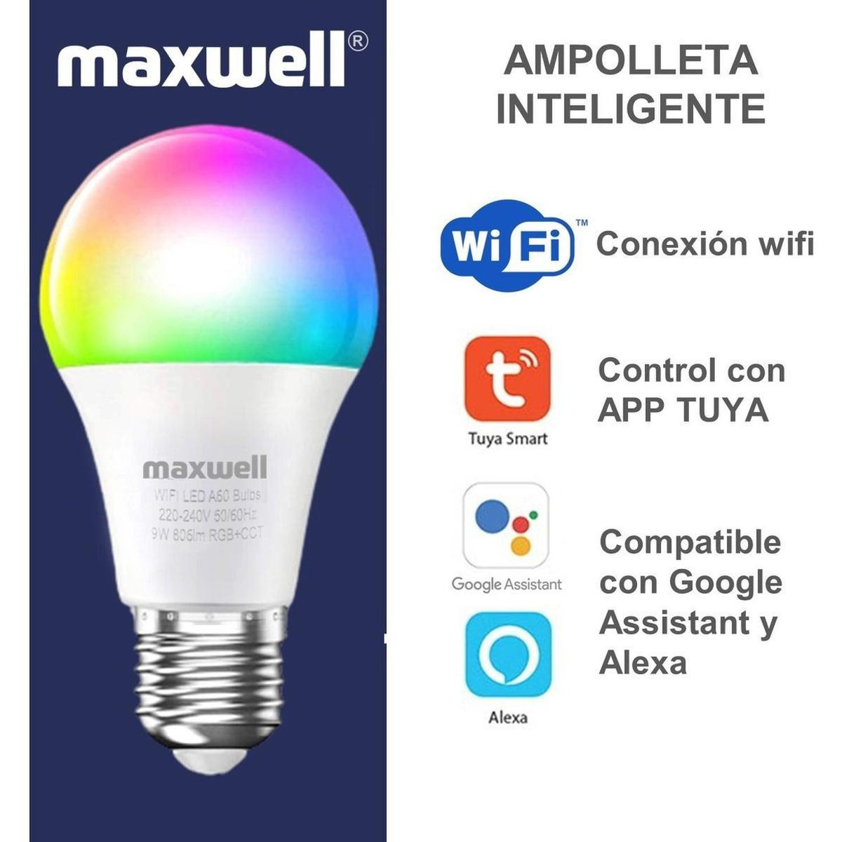 MAXWELL - Ampolleta Inteligente Led Maxwell E27 Wifi App Rgb 9w X1