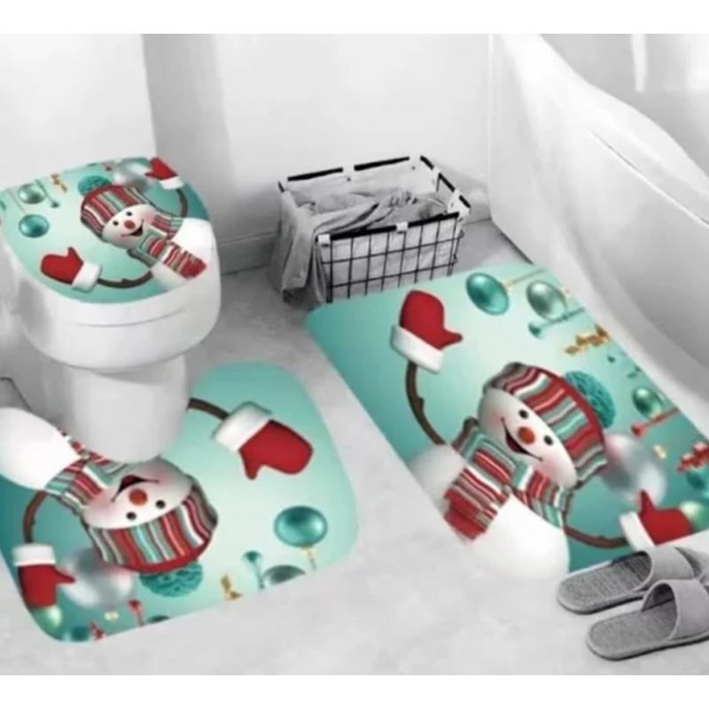GENERICO - Juego De Baño 03 Piezas Navidad Alfombra Contorno Tapete Inodoro - Muñeo nieve turquesa