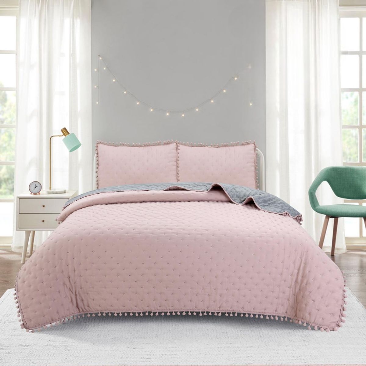 GENERICO - Cubrecama de Algodon pompón 1.5 plazas Rosado.