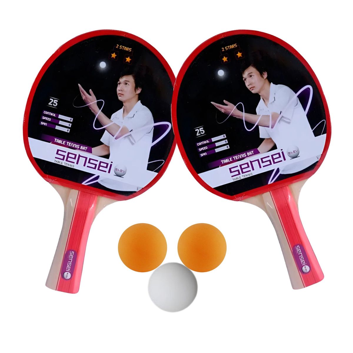 SENSEI - Set Ping Pong Sensei 2 Paletas + 3 Pelotas - 2* Goma Lisa