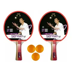 SENSEI - Set Ping Pong 2 Paletas + 3 Pelotas - 2* Goma Lisa