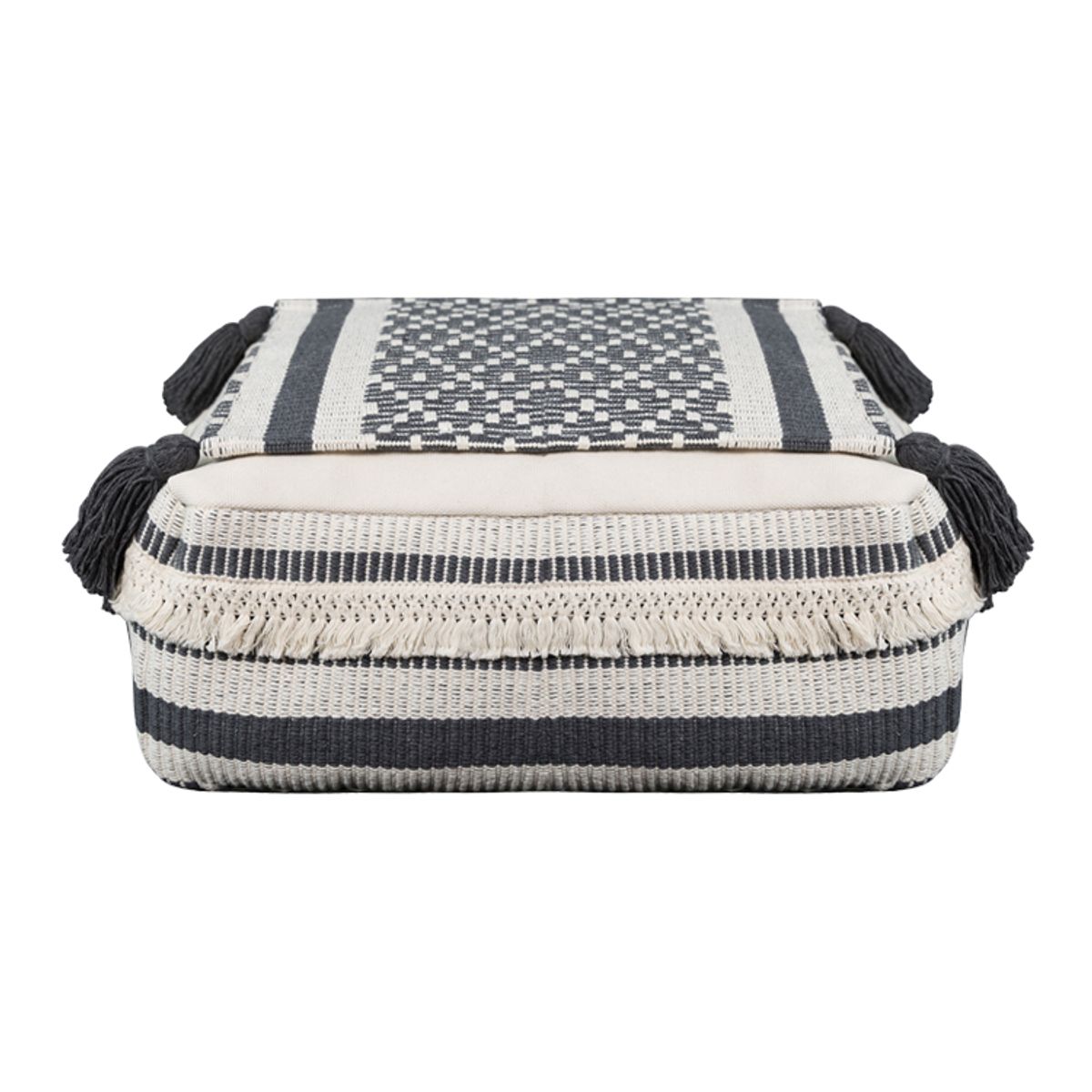 RELAN - Pouf / Puff Cubo Bajo Con Flecos Blanco y Negro Relan