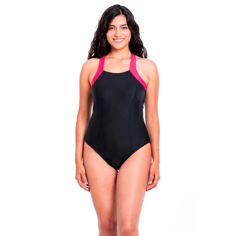 SAMIA - Traje de baño enterito deportivo con cierre negro y fucsia SAMIA