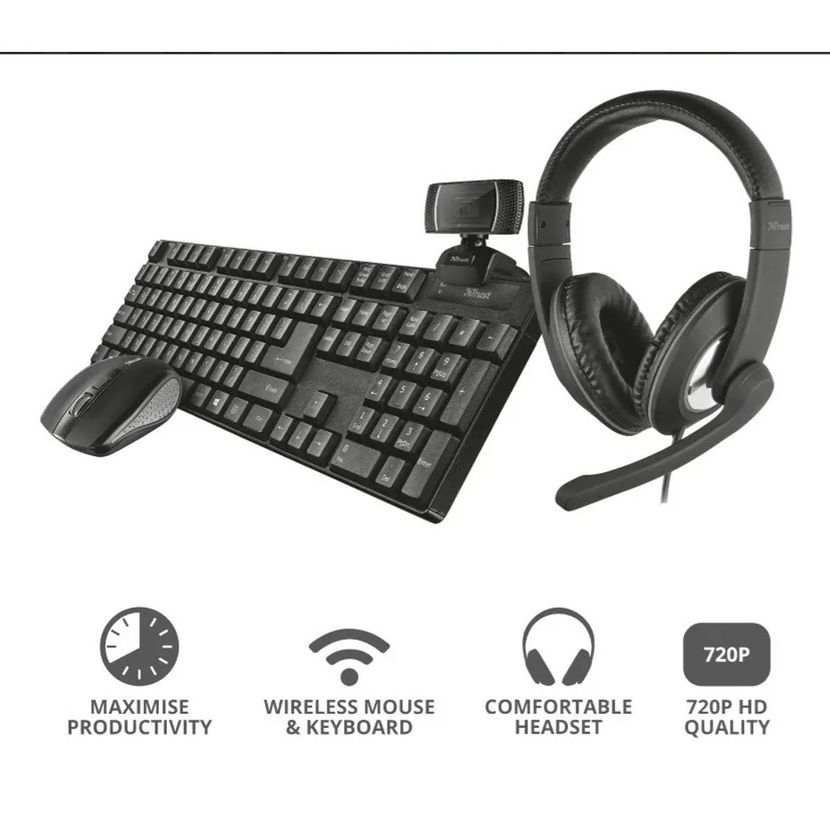 Set Trust Qoby 4-in-1 Home Office: Tastiera Wireless IT, Mouse, Webcam HD 720p E Cuffie Over-ear