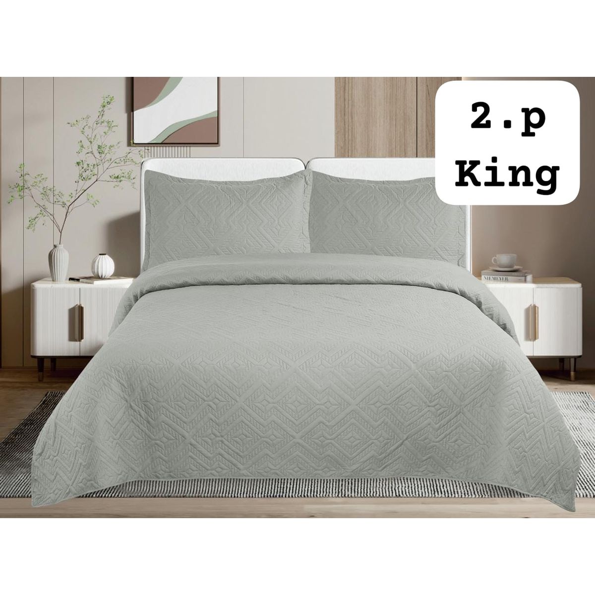 GENERICO - Cobertor de verano tipo Quilt con fundas  - 2 Plazas Gris