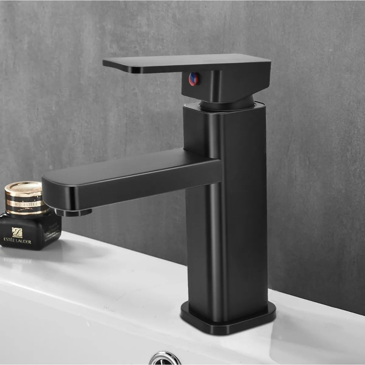 AIZO - Llave Monomando Lavamanos Cuadrada Clásica negro acero inoxidable