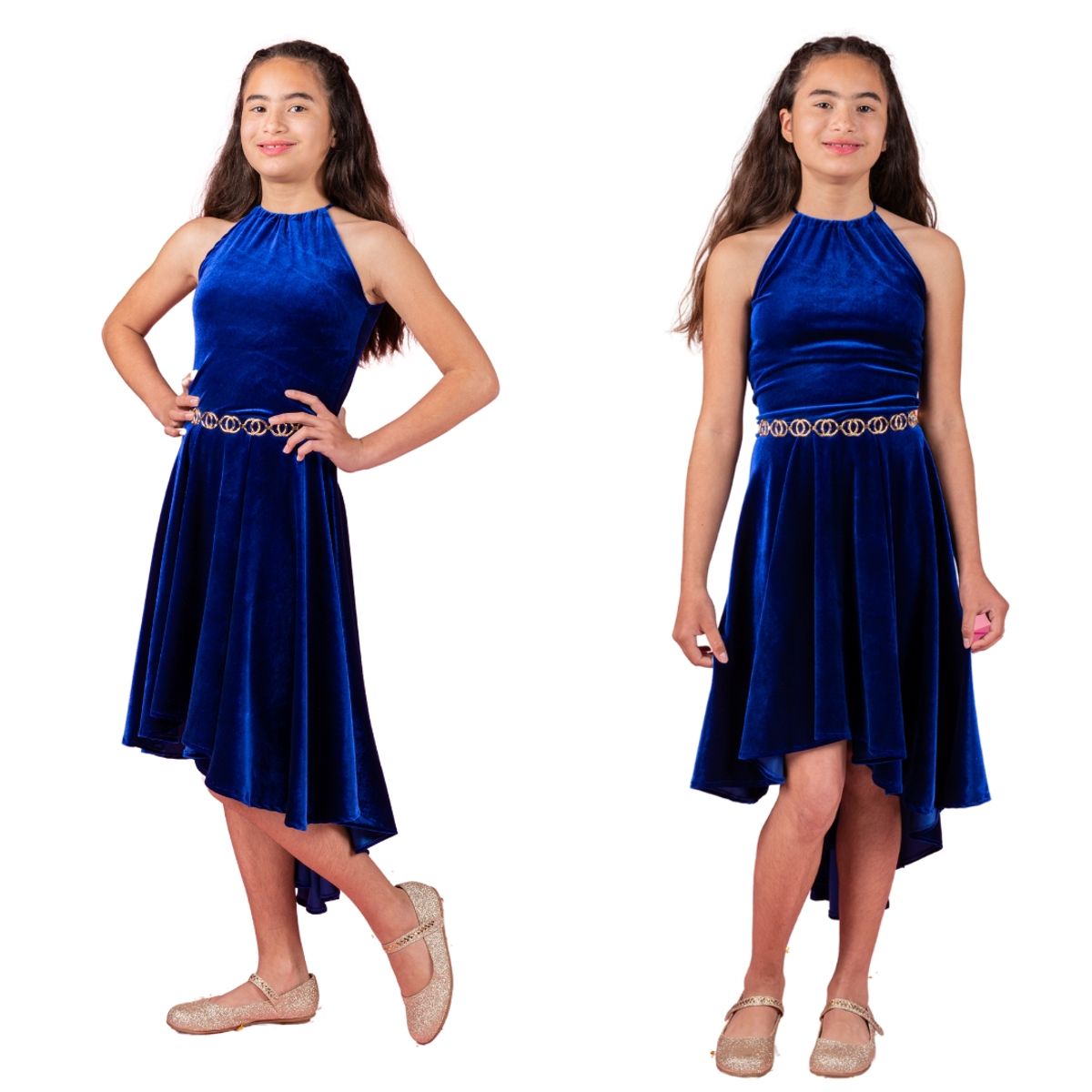 GENERICO - VESTIDO ASIMETRICO DE NIÑA EN TERCIPELO AZUL REY IDEAL PARA FIESTAS