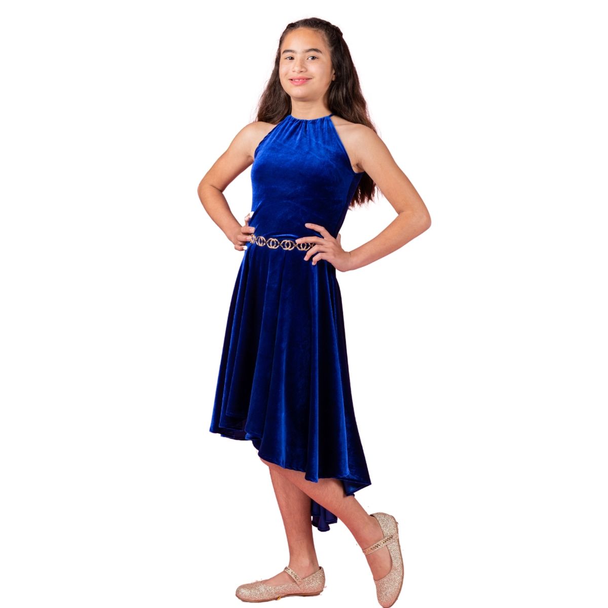GENERICO - VESTIDO ASIMETRICO DE NIÑA EN TERCIPELO AZUL REY IDEAL PARA FIESTAS