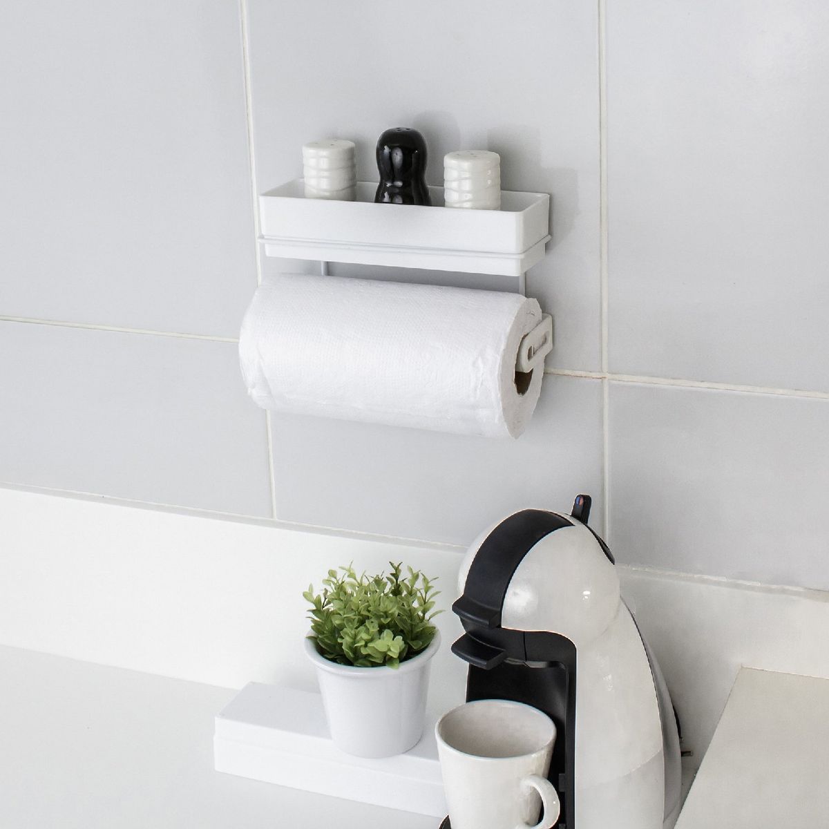 METALTRU - Porta condimento y rollo papel de pared blanco