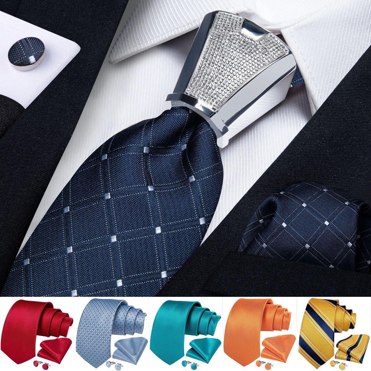 SONEC - Corbata para regalo Hombre con nudo metalico paño y colleras en Caja