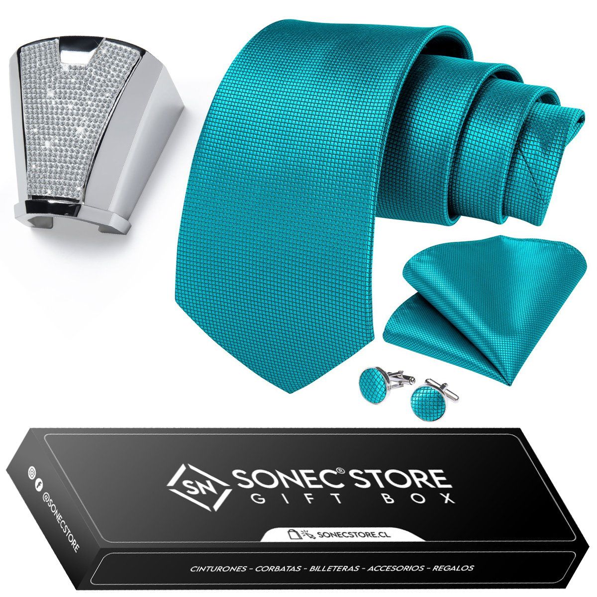 SONEC - Corbata para regalo Hombre con nudo metalico paño y colleras en Caja