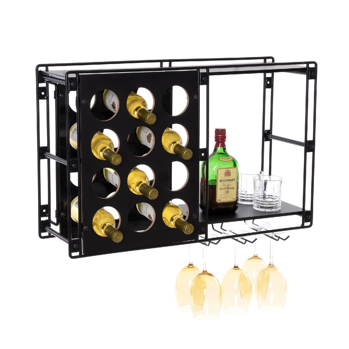 METALTRU - Cava vino mural para 12 vinos y porta copas negro