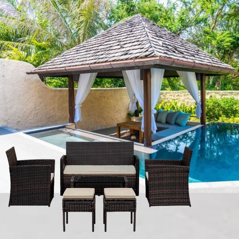 SM - Juego Terraza Patio Dubai Beige 6 Personas Living Exteriores Símil Ratán