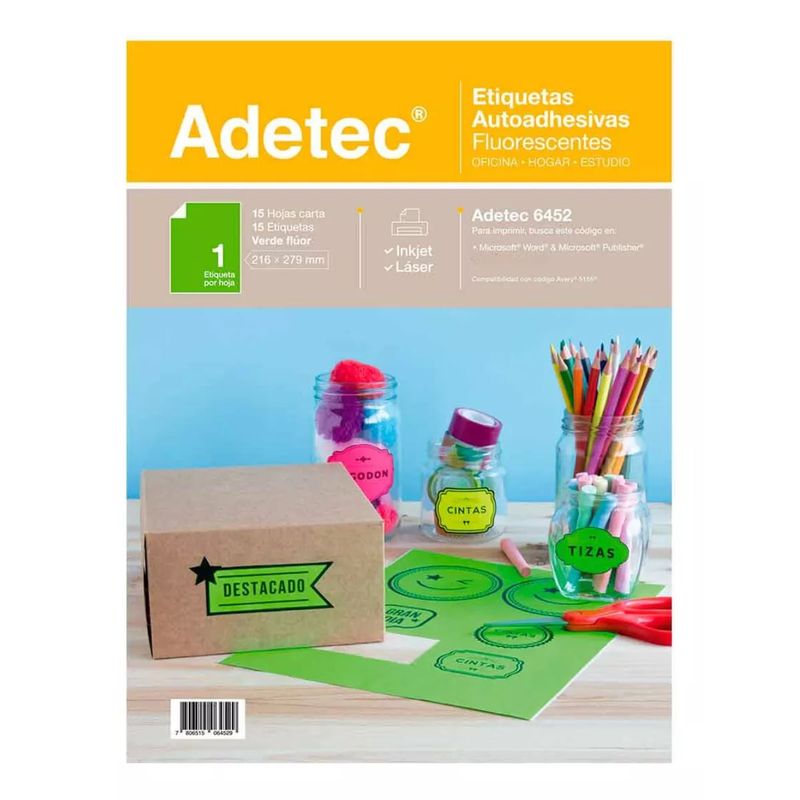 ADETEC - 15 Etiquetas Adhesivas Inkjet/láser Verde Fluor 216x279 mm