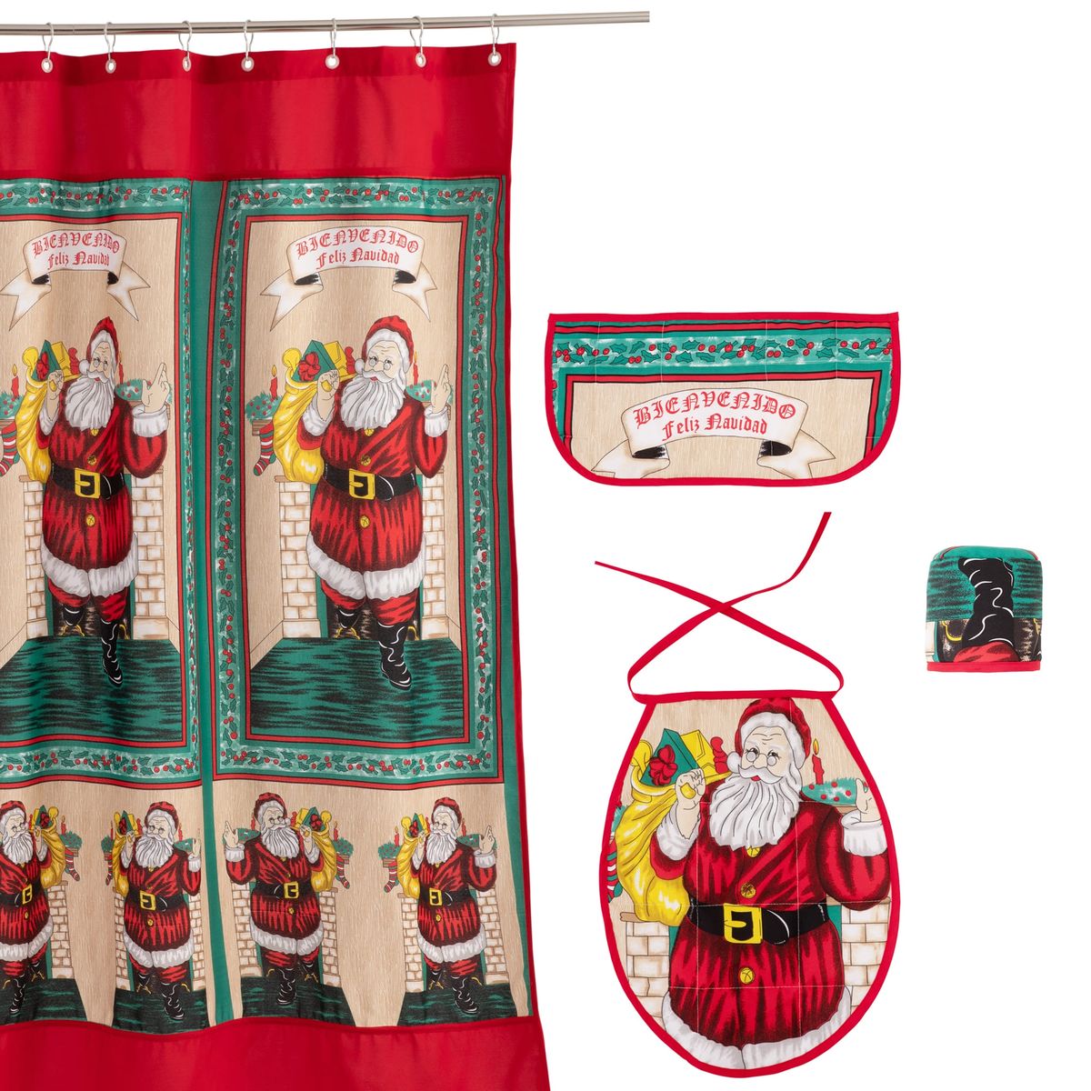 GENTILE - CORTINA Y SET DE BAÑO NAVIDAD 4 PIEZAS ROJO PASCUERO GRANDE
