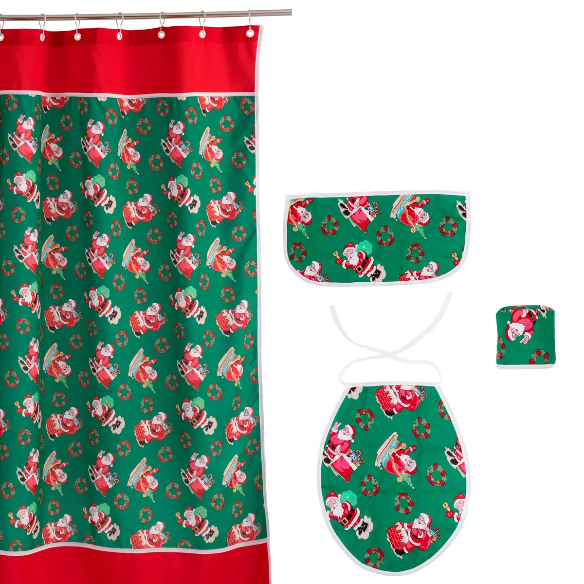 GENTILE - CORTINA Y SET BAÑO NAVIDAD 4 PIEZAS ROJO PASCUERO VERDE.