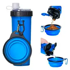 GENERICO - Botella portatil agua comida para perro doble 2 en 1 - azul