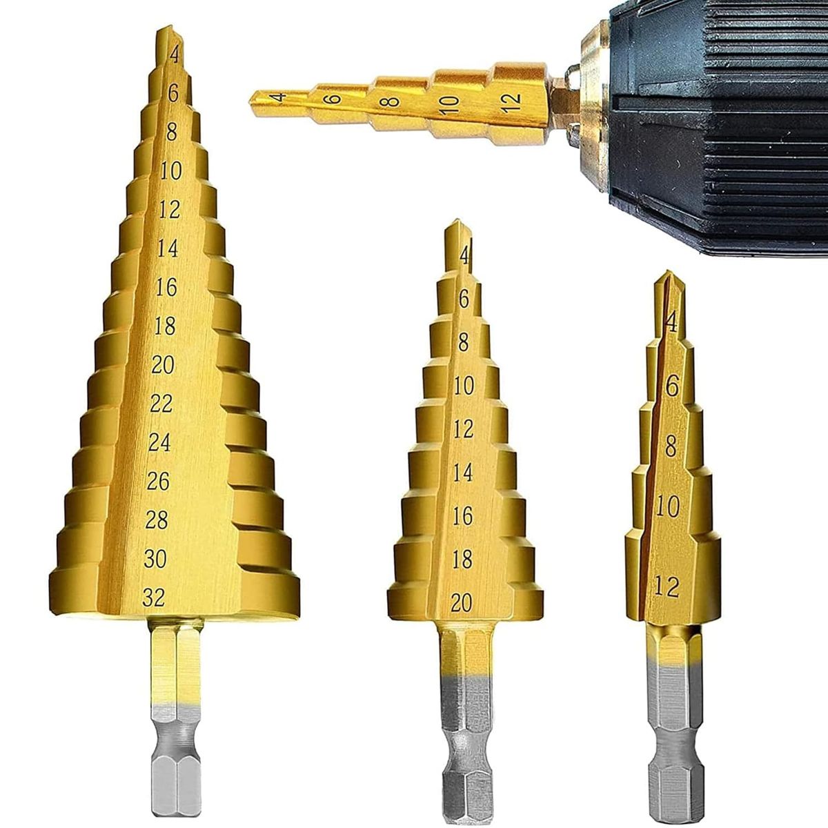 AIZO - Set 3 Broca Conica Escalonada 4 A 32mm Paso A Paso