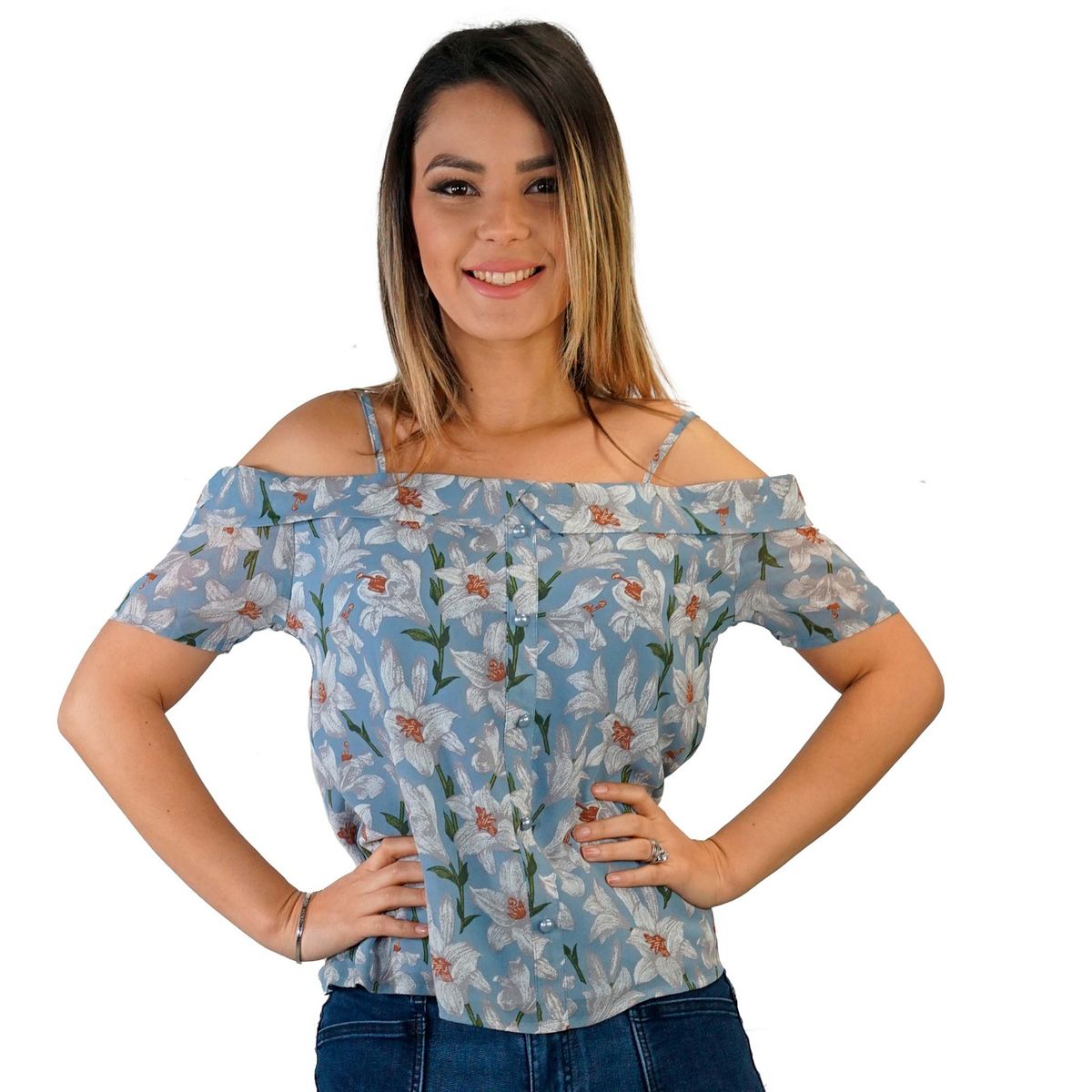 TENTATION - Bluson Chifon Manga Corta Celeste