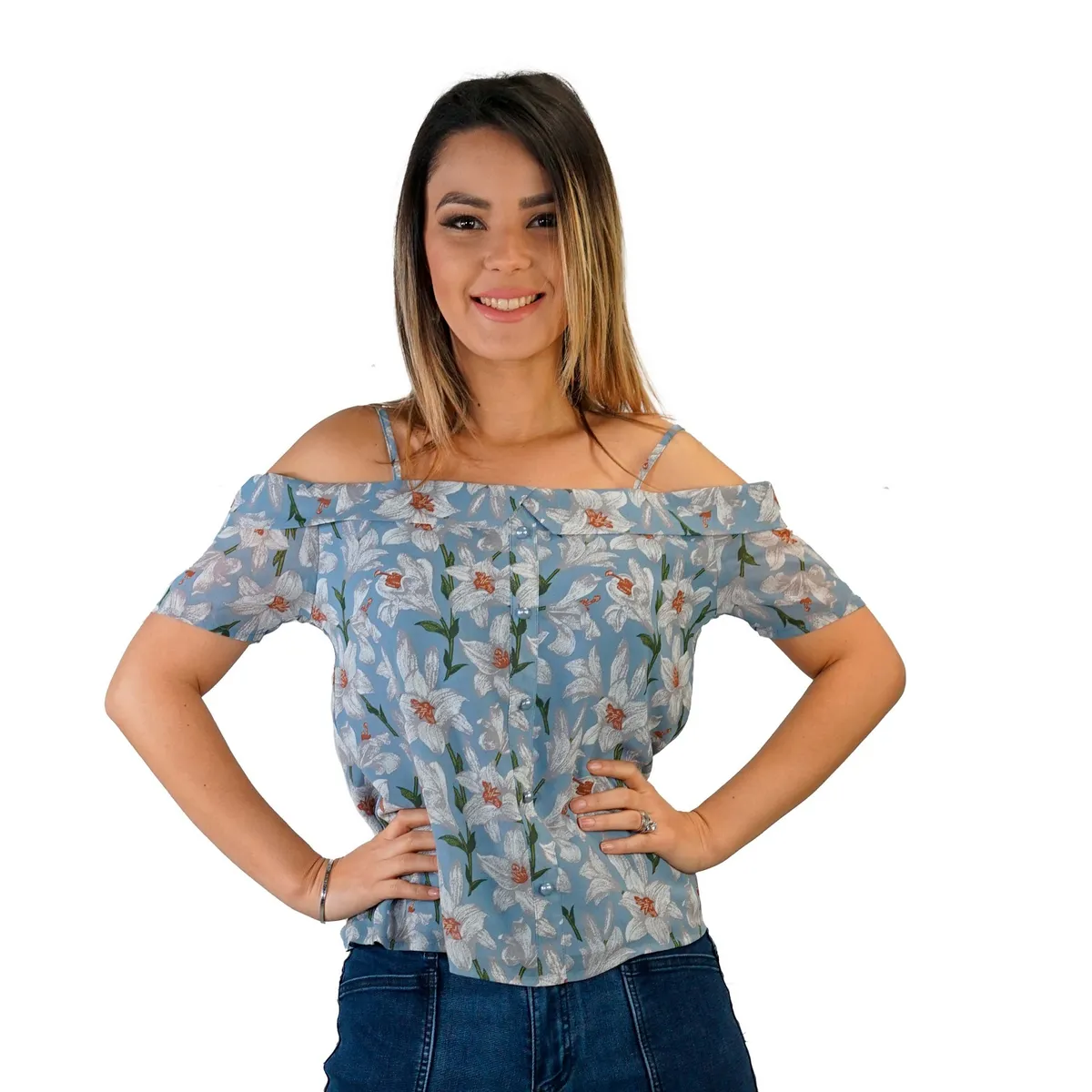 TENTATION - Bluson Chifon Manga Corta Celeste