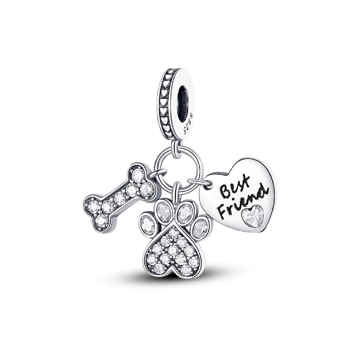 SILVER HEART - Charm Triple Motivo Canino en Plata Fina 925 SILVER HEART