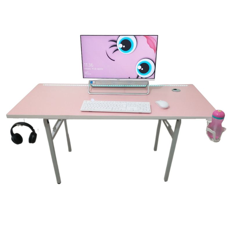 SM - Escritorio Gamer plegable ROSA 130 CM con luz LED patas de fierro