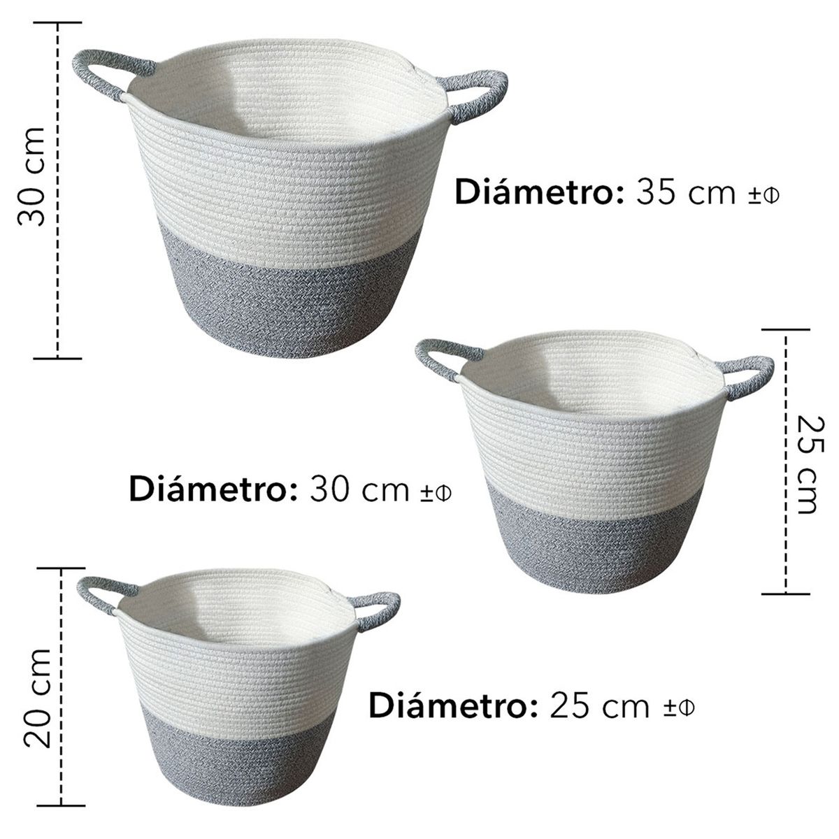 INSPIRACCI - Set 3 cestos algodón con mangos bicolor