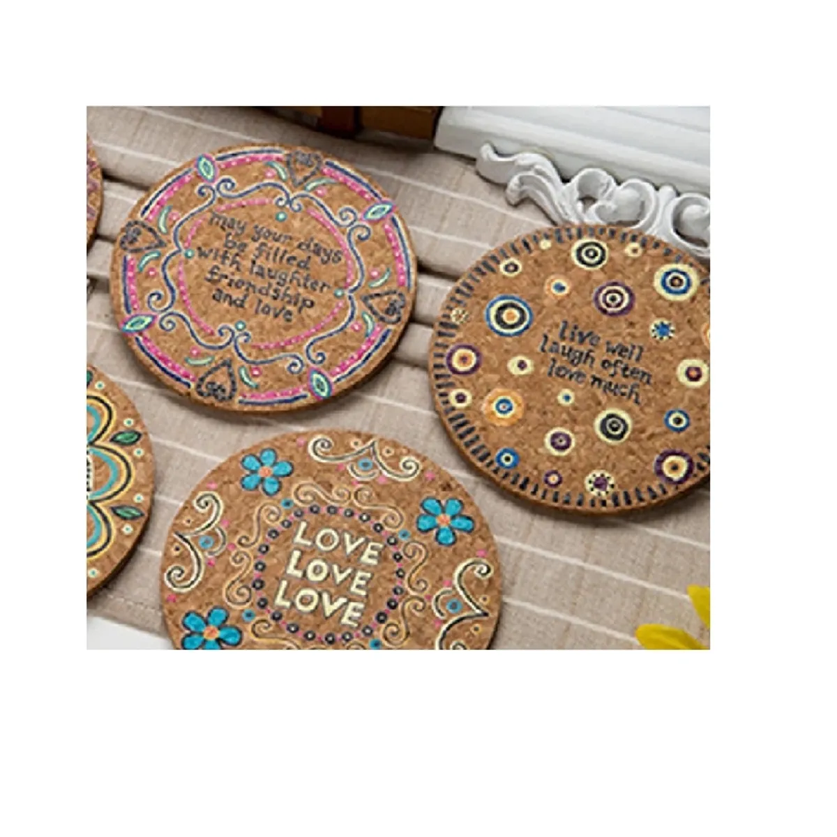 MERCADO CBF - Posavasos Estilo Hippie, Posavasos de Corcho,  Pack 4 unidades.