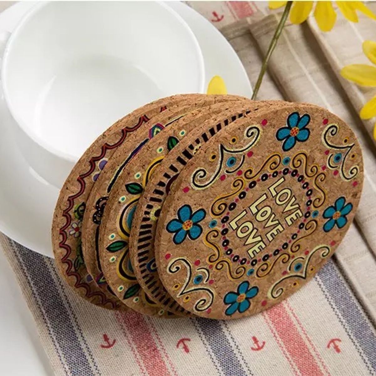 MERCADO CBF - Posavasos Estilo Hippie, Posavasos de Corcho,  Pack 4 unidades.