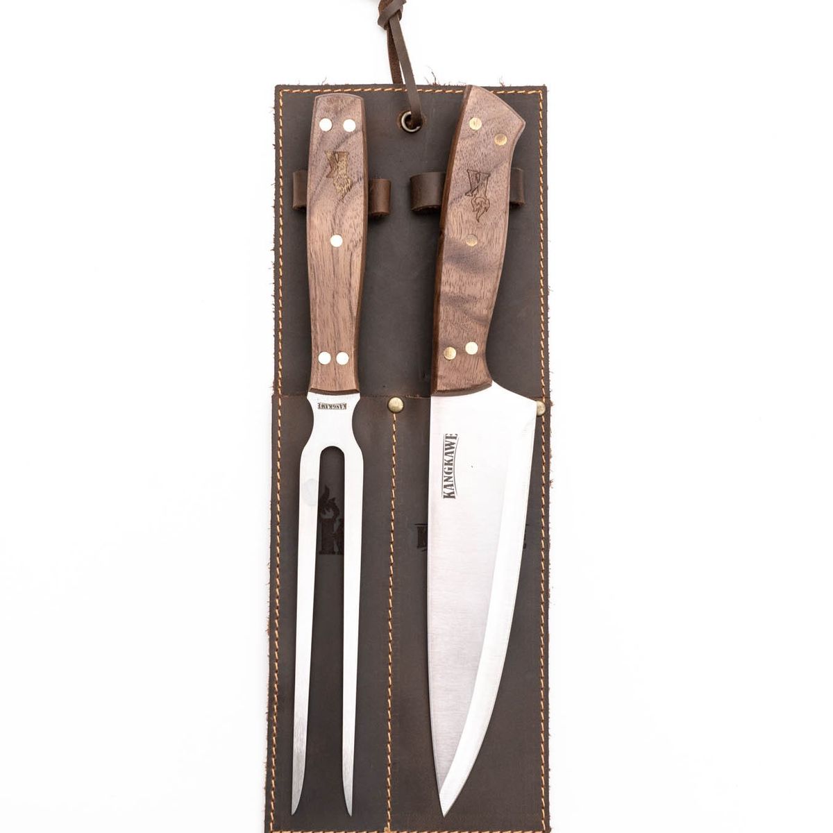 KANGKAWE - SET PARRILLERO: TENEDOR + CUCHILLO CON FUNDA DE CUERO CAFÉ
