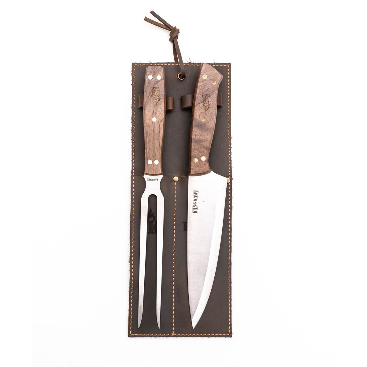 KANGKAWE - SET PARRILLERO: TENEDOR + CUCHILLO CON FUNDA DE CUERO CAFÉ