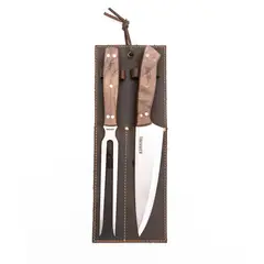 KANGKAWE - SET PARRILLERO: TENEDOR + CUCHILLO CON FUNDA DE CUERO CAFÉ