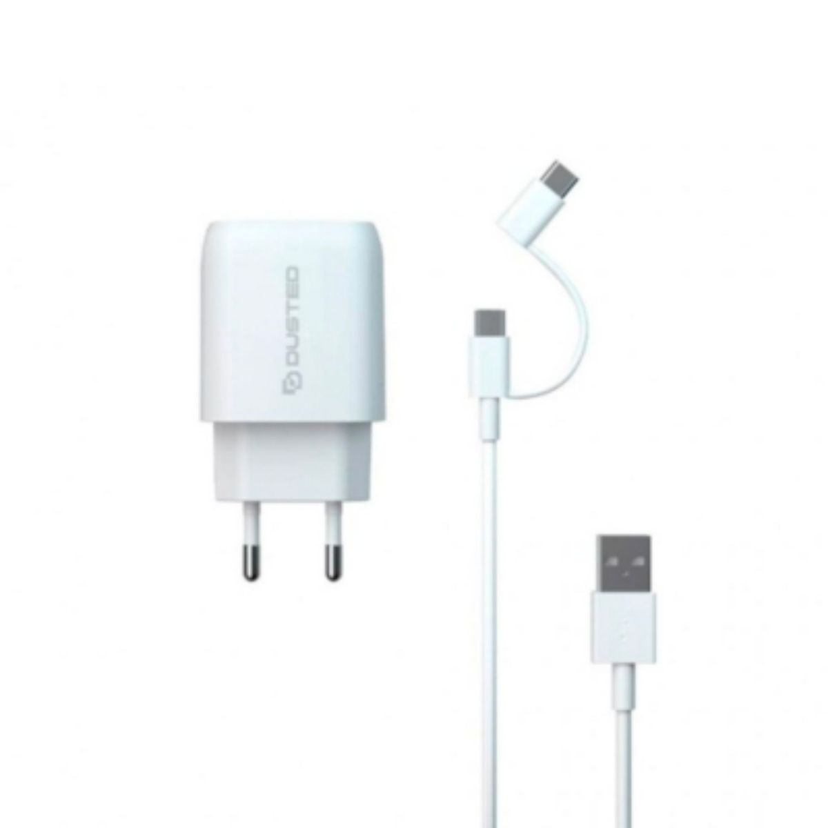 DUSTED - Cargador USB-C PD Carga Rápida 20W DUSTED con Cable 2en1 Blanco.