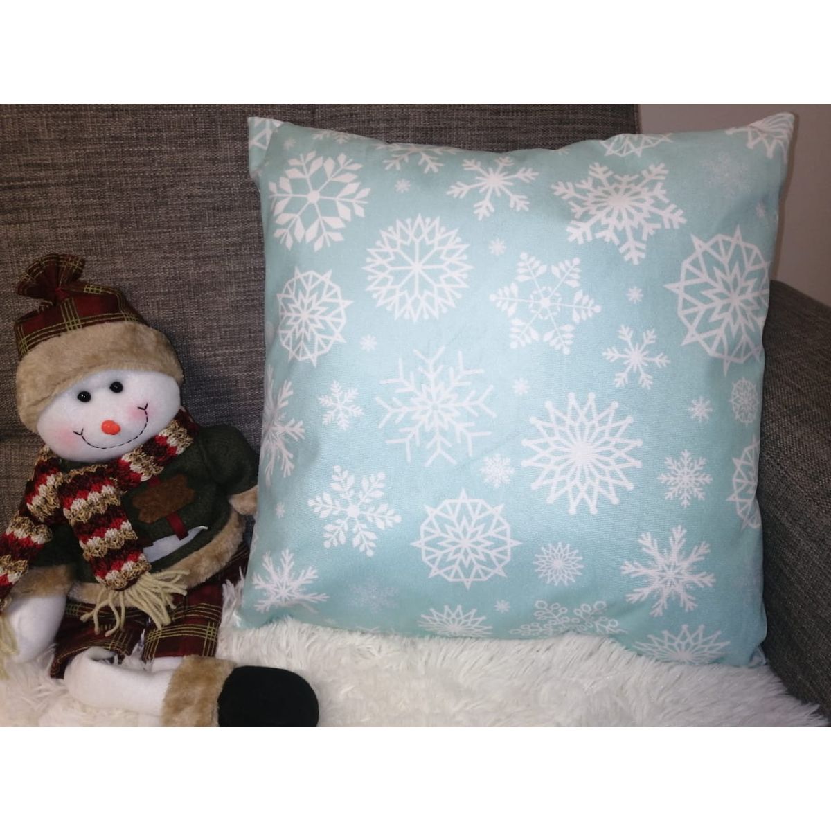 GENERICO - Funda de cojin de Navidad - Color Verde Menta Copos de Nieve